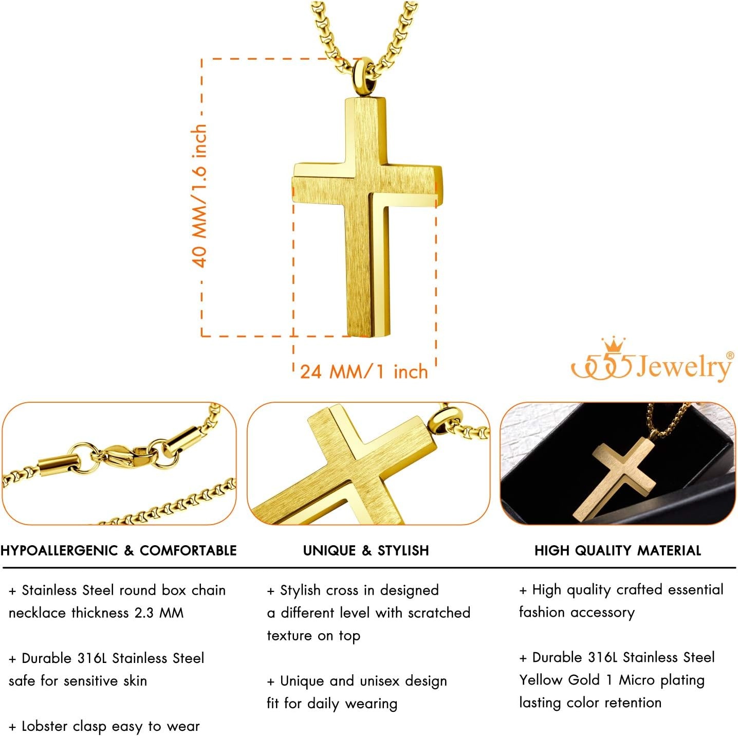 image:image555Jewelry Stainless Steel Box Chain Cross Necklace for Men amp Women 1624 InchGold