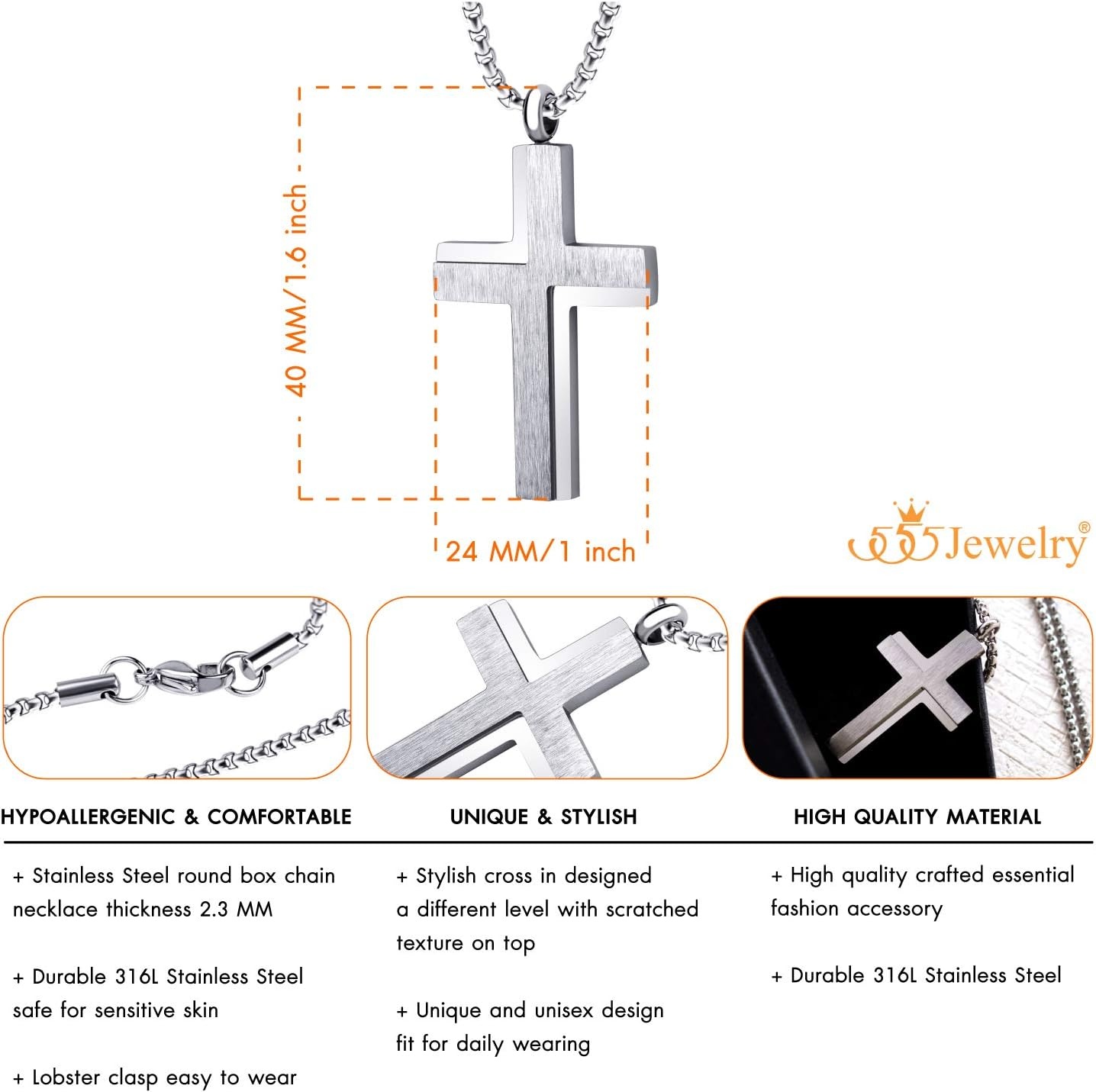 image:image555Jewelry Stainless Steel Box Chain Cross Necklace for Men amp Women 1624 InchSilver