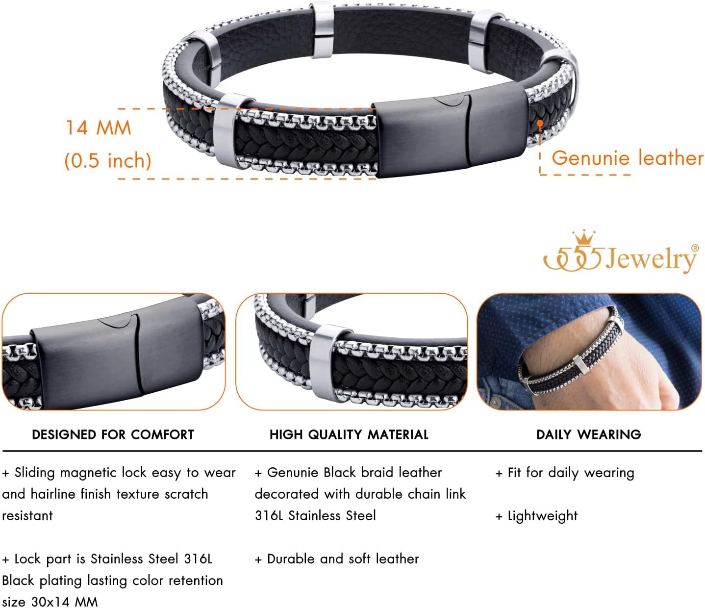 image:image555Jewelry Stainless Steel Braided Leather amp Box Chain Bracelet for MenBlack Leather Black Clasp