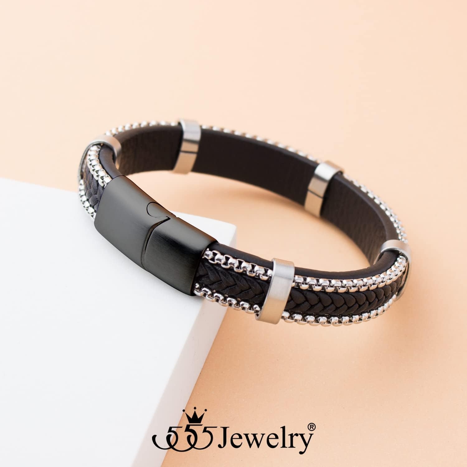 image:image555Jewelry Stainless Steel Braided Leather amp Box Chain Bracelet for MenBlack Leather Black Clasp