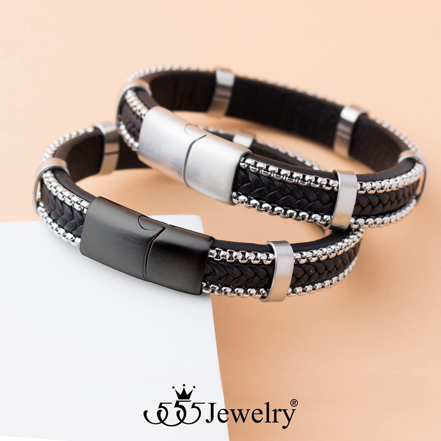 image:image555Jewelry Stainless Steel Braided Leather amp Box Chain Bracelet for MenBlack Leather Black Clasp