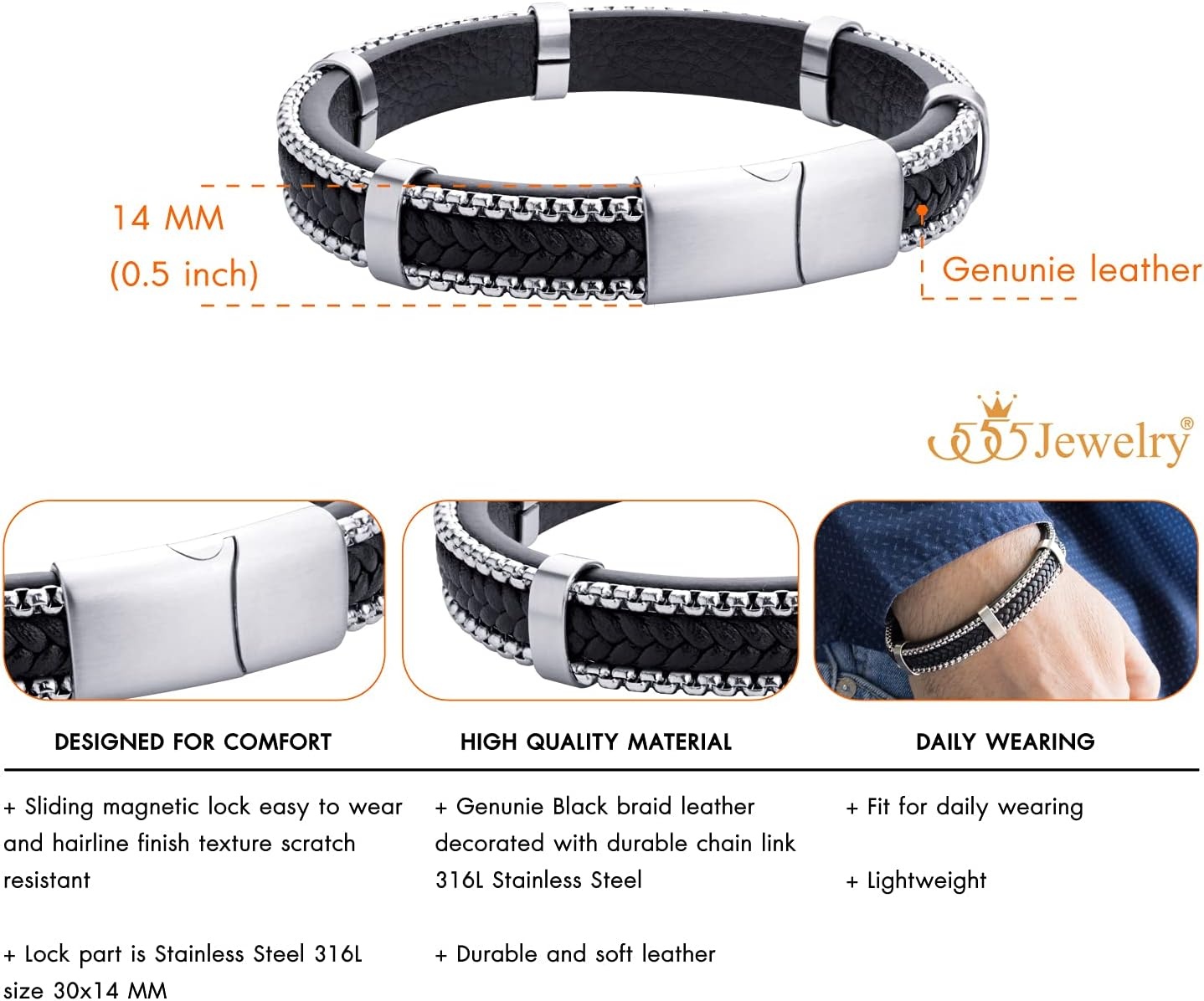 image:image555Jewelry Stainless Steel Braided Leather amp Box Chain Bracelet for MenBlack Leather Silver Clasp