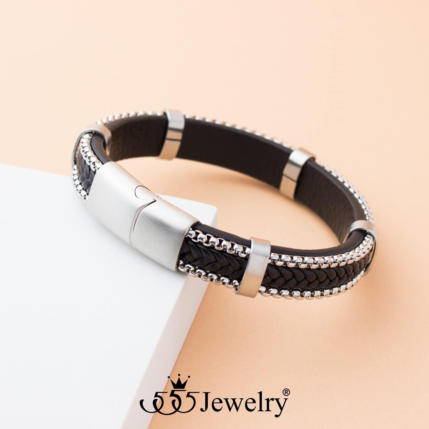 image:image555Jewelry Stainless Steel Braided Leather amp Box Chain Bracelet for MenBlack Leather Silver Clasp