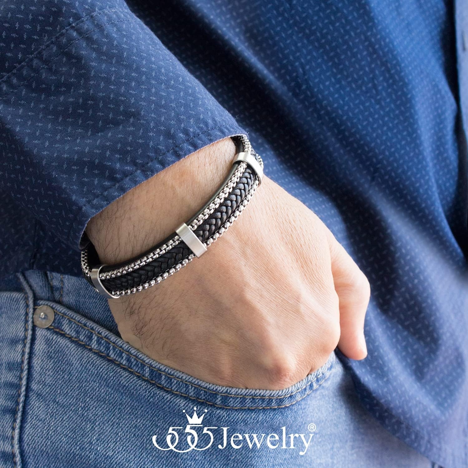 image:image555Jewelry Stainless Steel Braided Leather amp Box Chain Bracelet for MenBlack Leather Silver Clasp