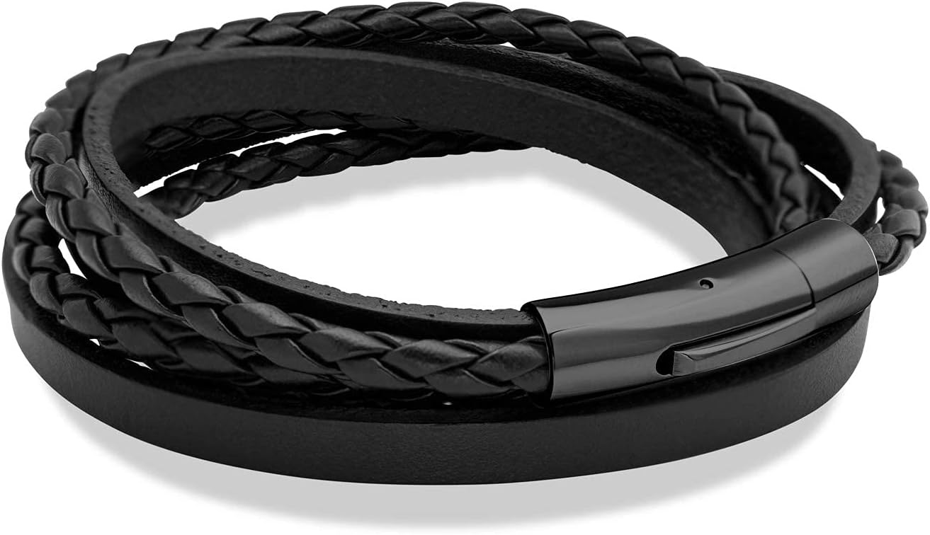 image:image555Jewelry Stainless Steel Braided Wrap Layered Leather Cord Magnetic BraceletBlack