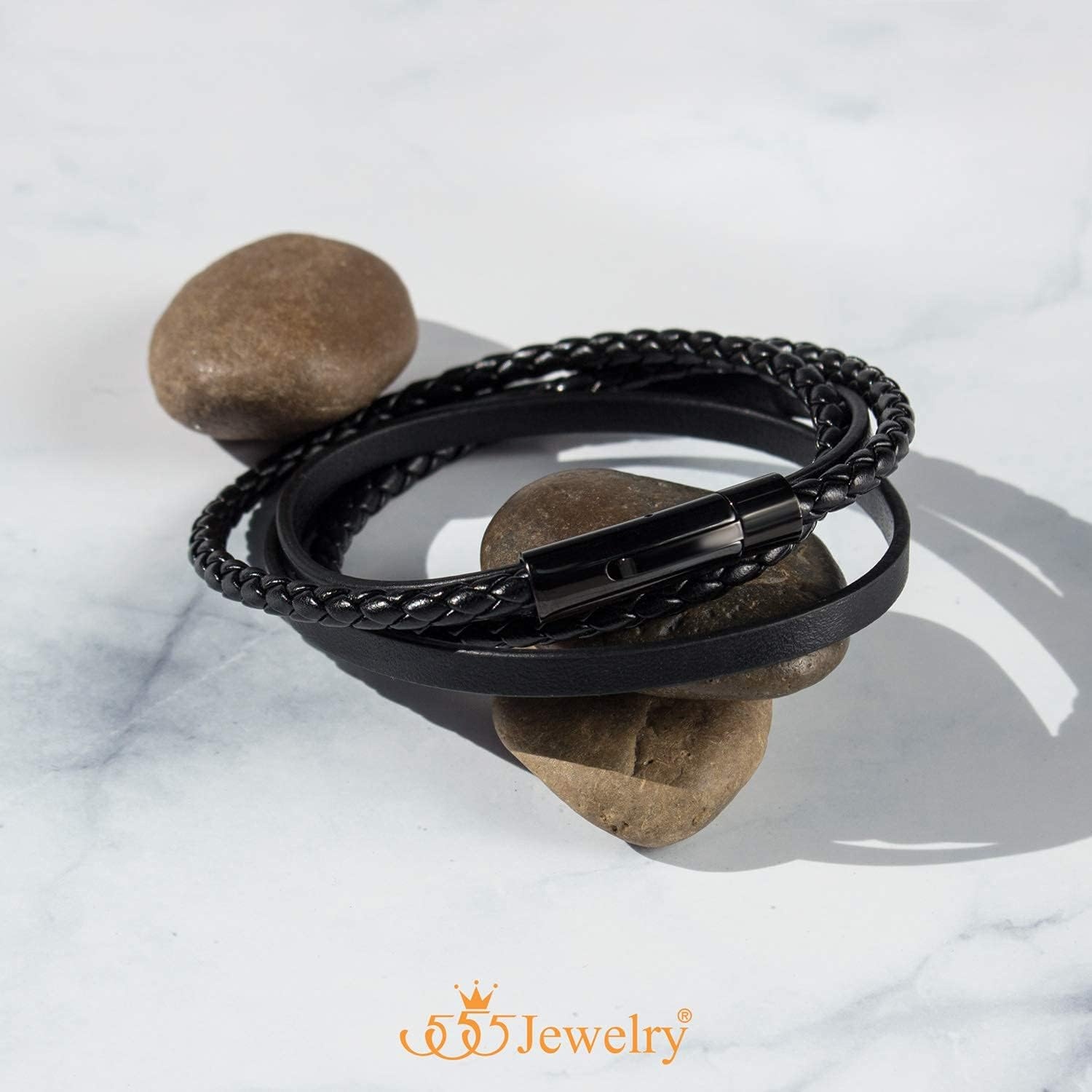 image:image555Jewelry Stainless Steel Braided Wrap Layered Leather Cord Magnetic BraceletBlack