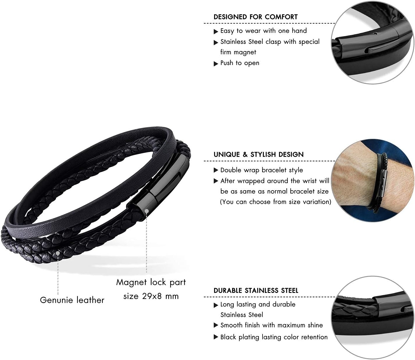 image:image555Jewelry Stainless Steel Braided Wrap Layered Leather Cord Magnetic BraceletBlack