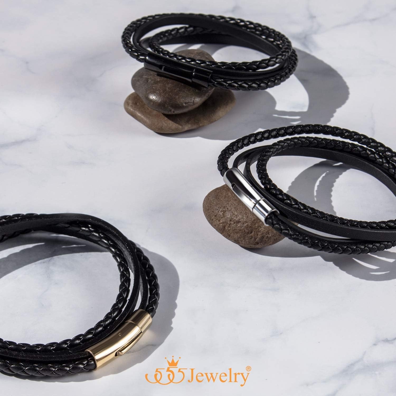 image:image555Jewelry Stainless Steel Braided Wrap Layered Leather Cord Magnetic BraceletBlack