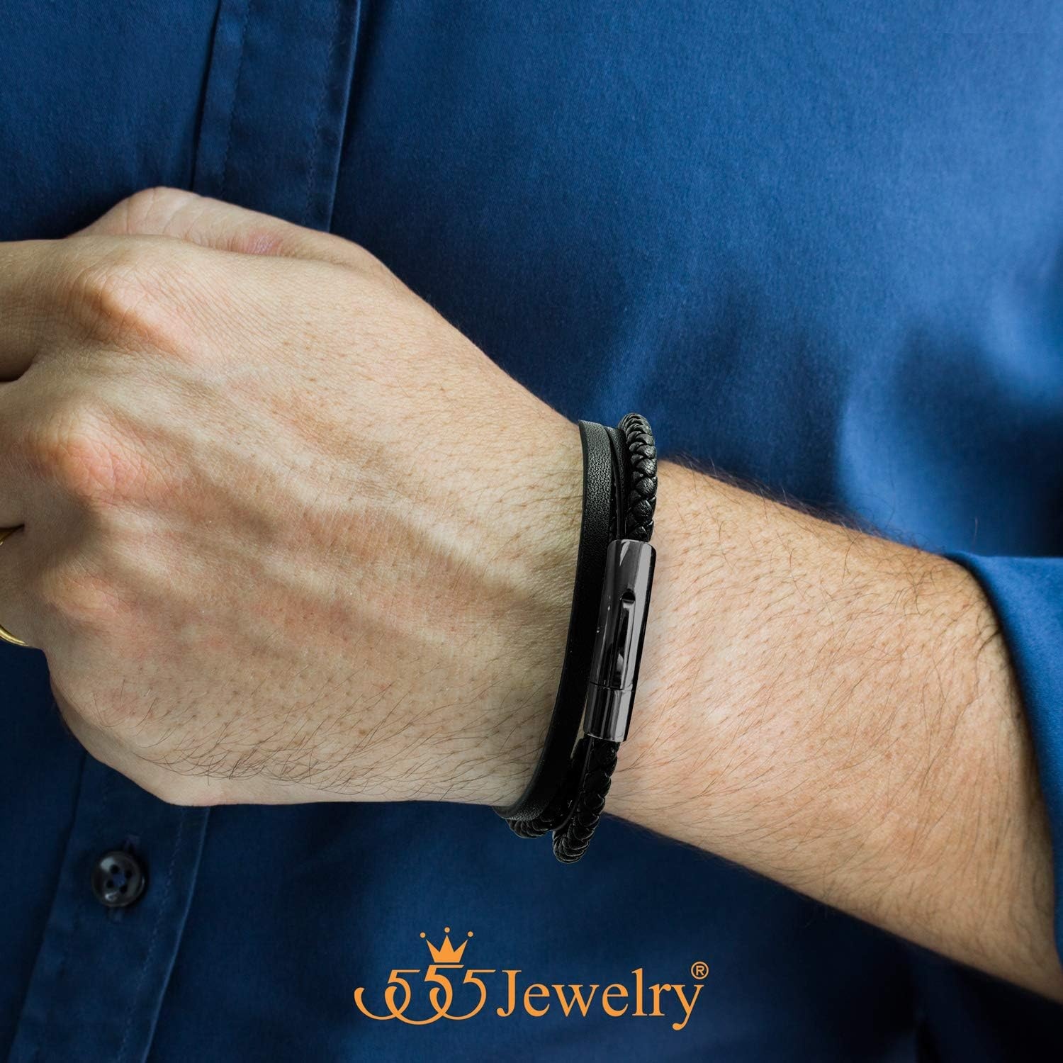 image:image555Jewelry Stainless Steel Braided Wrap Layered Leather Cord Magnetic BraceletBlack