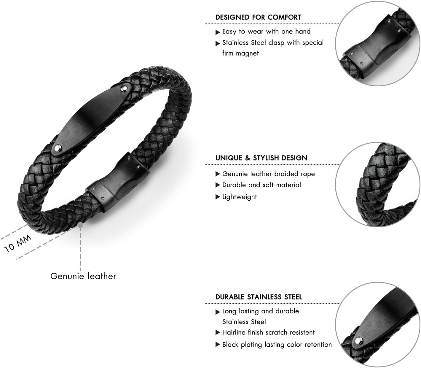 image:image555Jewelry Stainless Steel Braided Wrap Leather Plate Cord Magnet Lock BraceletBlack