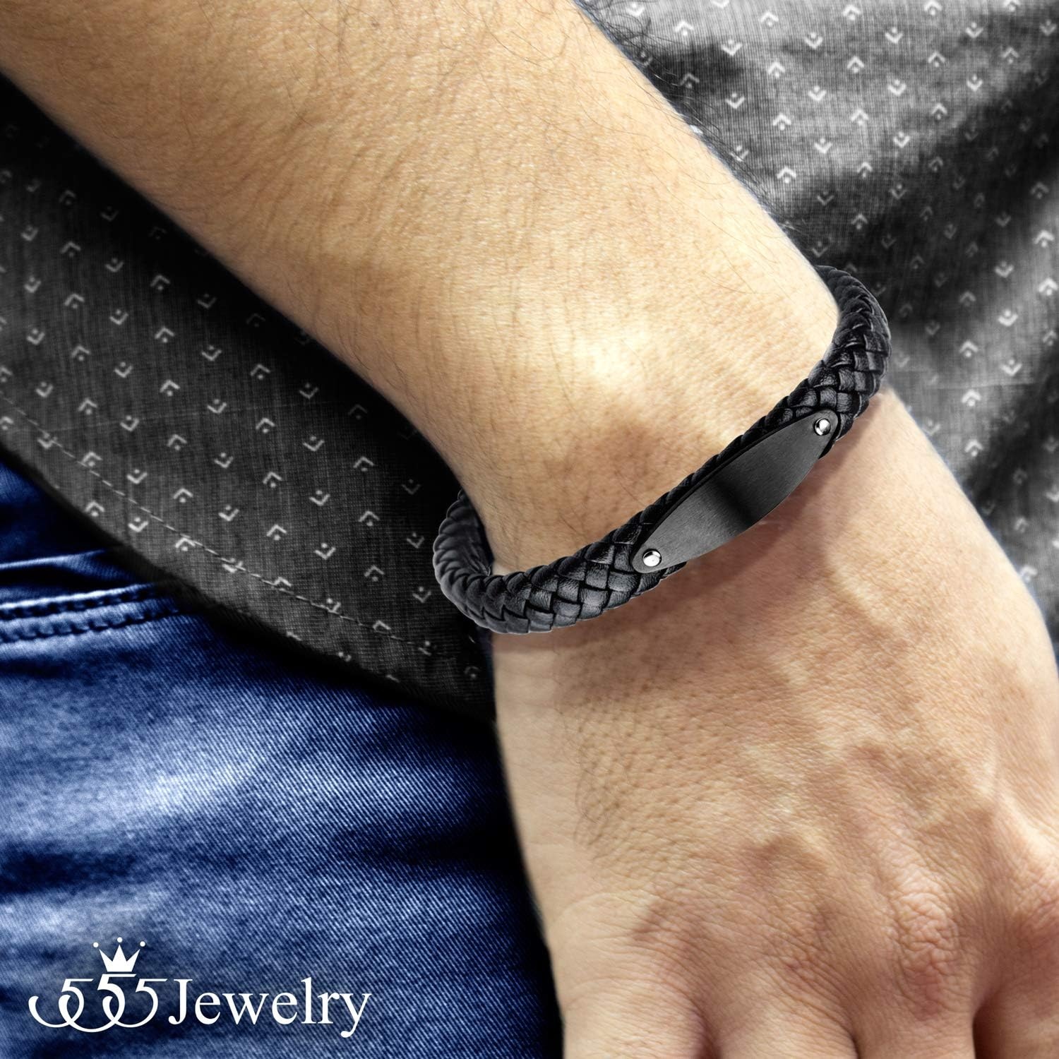 image:image555Jewelry Stainless Steel Braided Wrap Leather Plate Cord Magnet Lock BraceletBlack