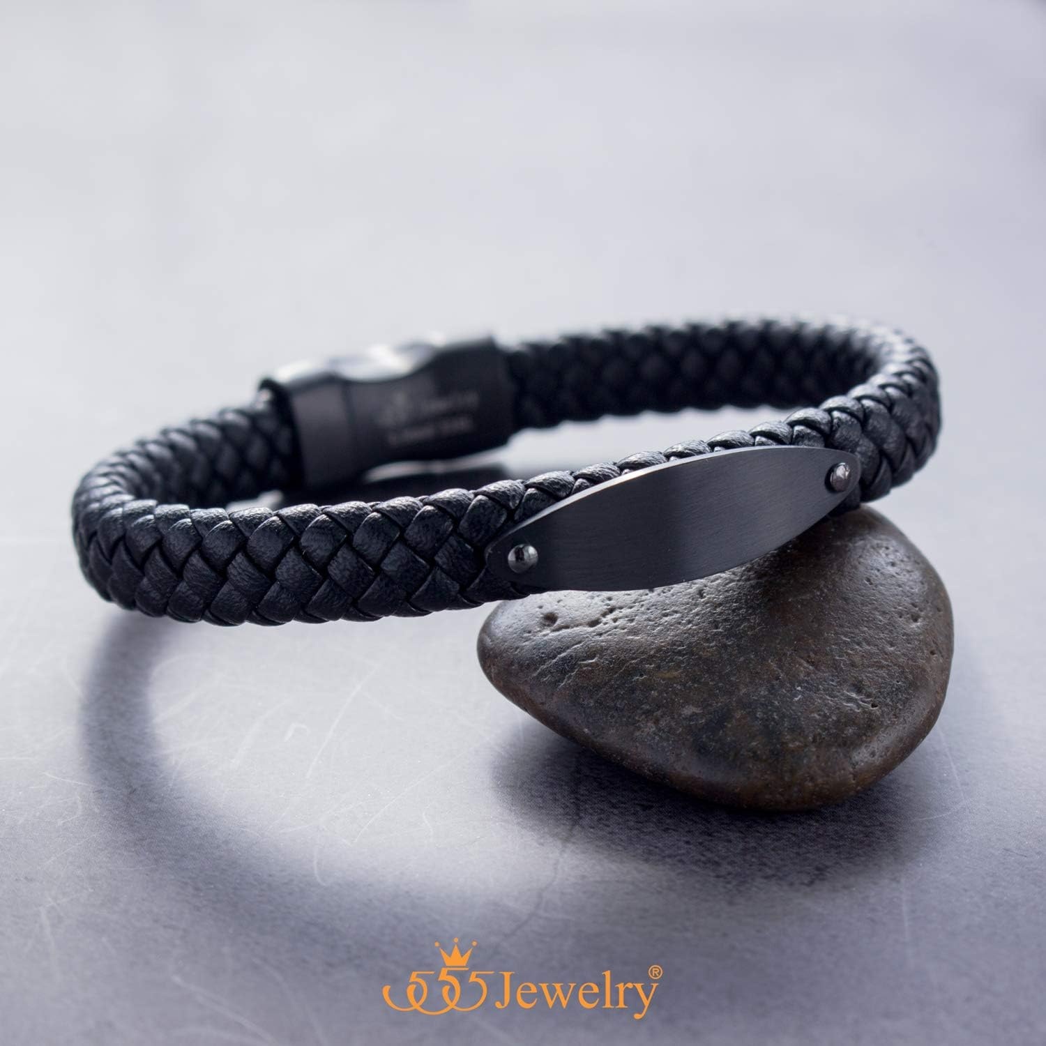 image:image555Jewelry Stainless Steel Braided Wrap Leather Plate Cord Magnet Lock BraceletBlack