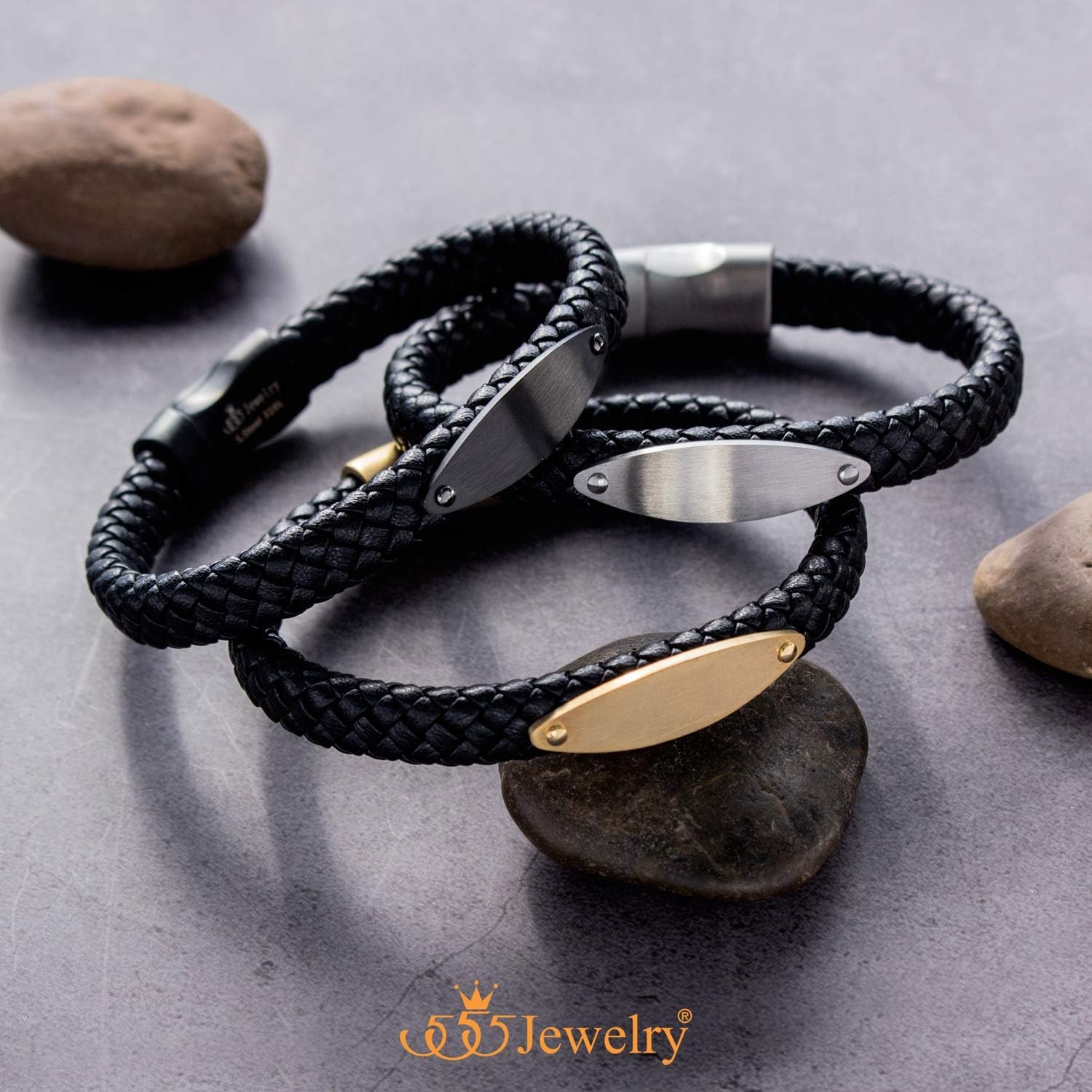 image:image555Jewelry Stainless Steel Braided Wrap Leather Plate Cord Magnet Lock BraceletBlack
