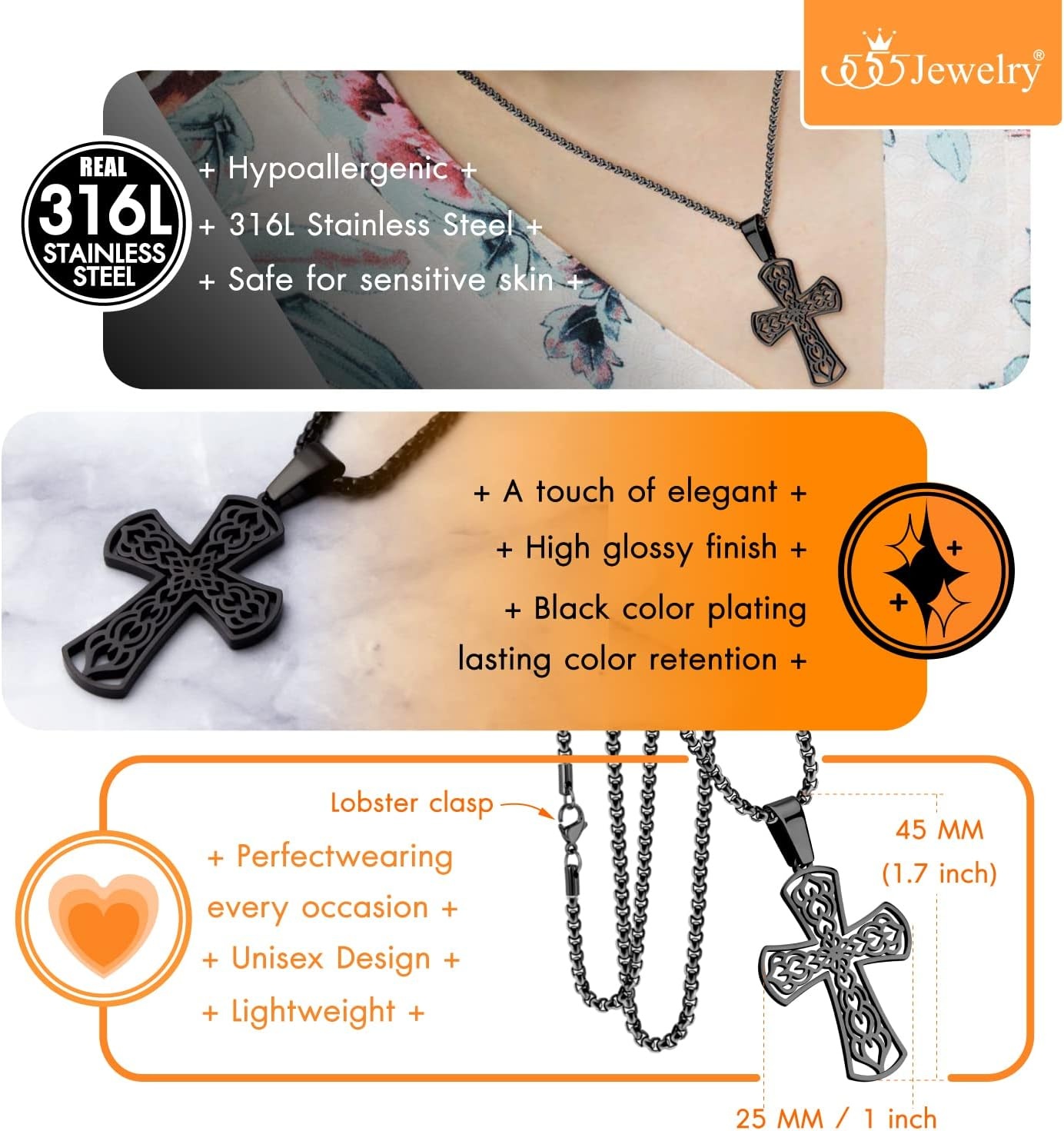 image:image555Jewelry Stainless Steel Celtic Cross Necklace Pendant for Men 1624 ChainBlack