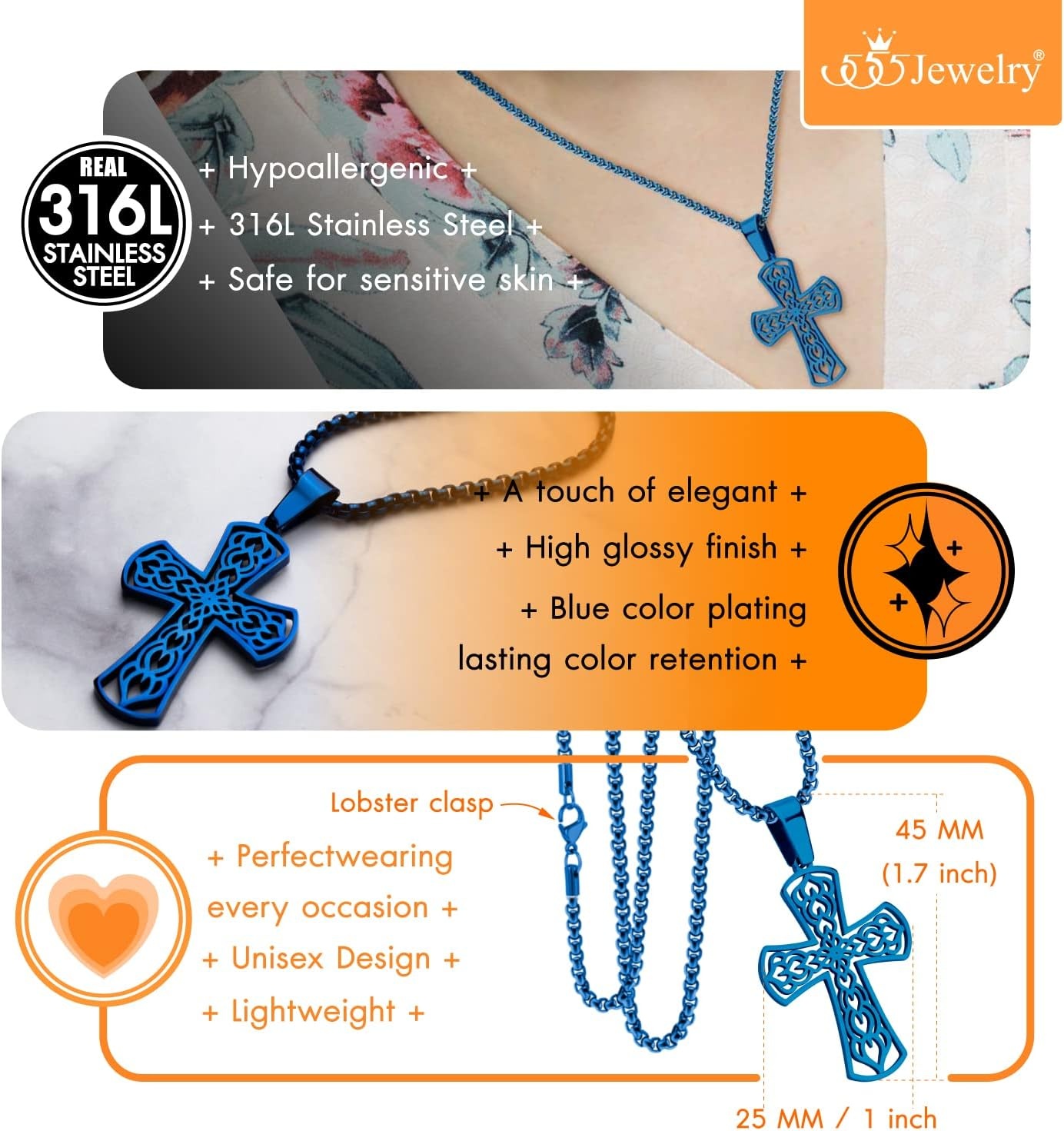 image:image555Jewelry Stainless Steel Celtic Cross Necklace Pendant for Men 1624 ChainBlue