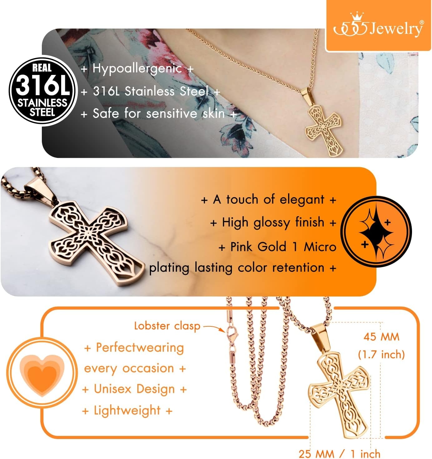 image:image555Jewelry Stainless Steel Celtic Cross Necklace Pendant for Men 1624 ChainRose Gold