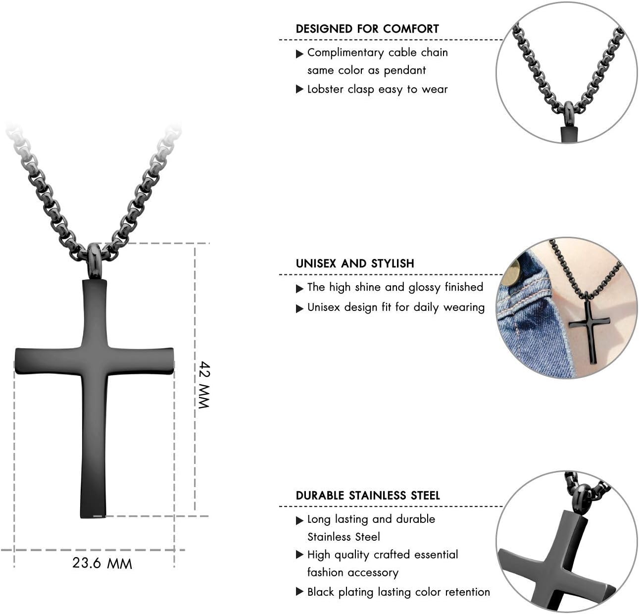 image:image555Jewelry Stainless Steel Cross Adjustable Rolo Chain Pendant Necklace 1628 InchesBlack
