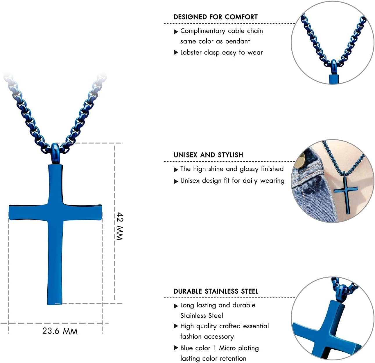 image:image555Jewelry Stainless Steel Cross Adjustable Rolo Chain Pendant Necklace 1628 InchesBlue