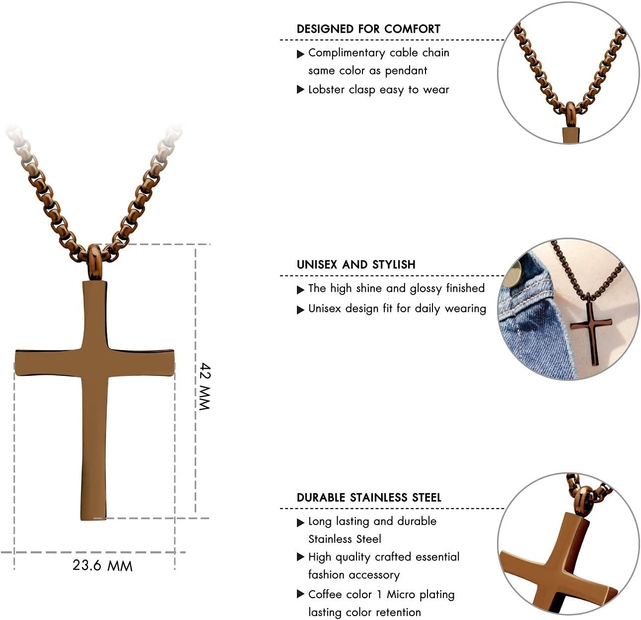 image:image555Jewelry Stainless Steel Cross Adjustable Rolo Chain Pendant Necklace 1628 InchesBrown
