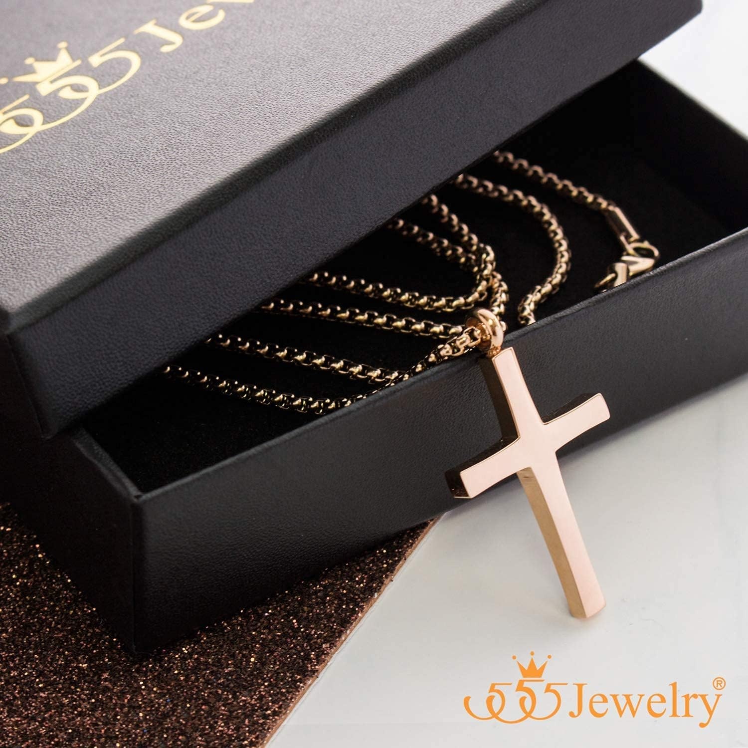 image:image555Jewelry Stainless Steel Cross Adjustable Rolo Chain Pendant Necklace 1628 InchesPink Rose Gold