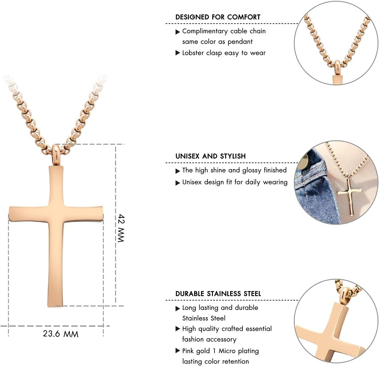 image:image555Jewelry Stainless Steel Cross Adjustable Rolo Chain Pendant Necklace 1628 InchesPink Rose Gold