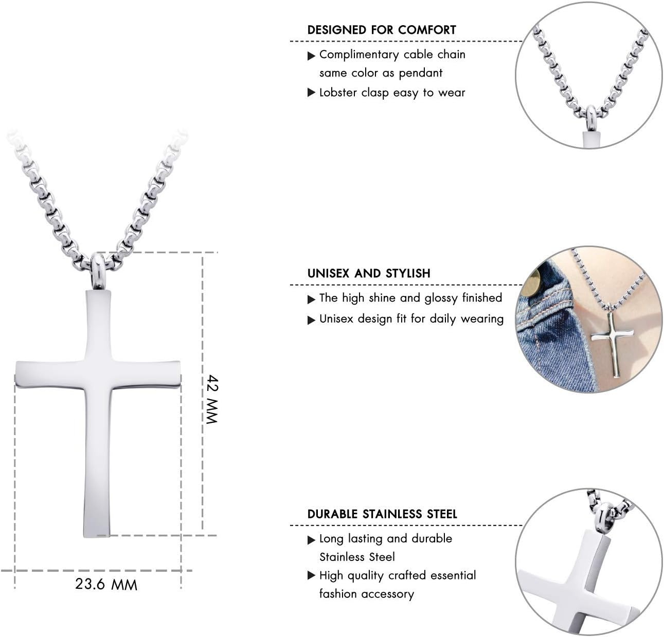 image:image555Jewelry Stainless Steel Cross Adjustable Rolo Chain Pendant Necklace 1628 InchesSilver