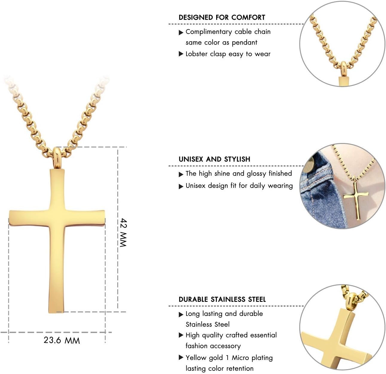 image:image555Jewelry Stainless Steel Cross Adjustable Rolo Chain Pendant Necklace 1628 InchesYellow Gold