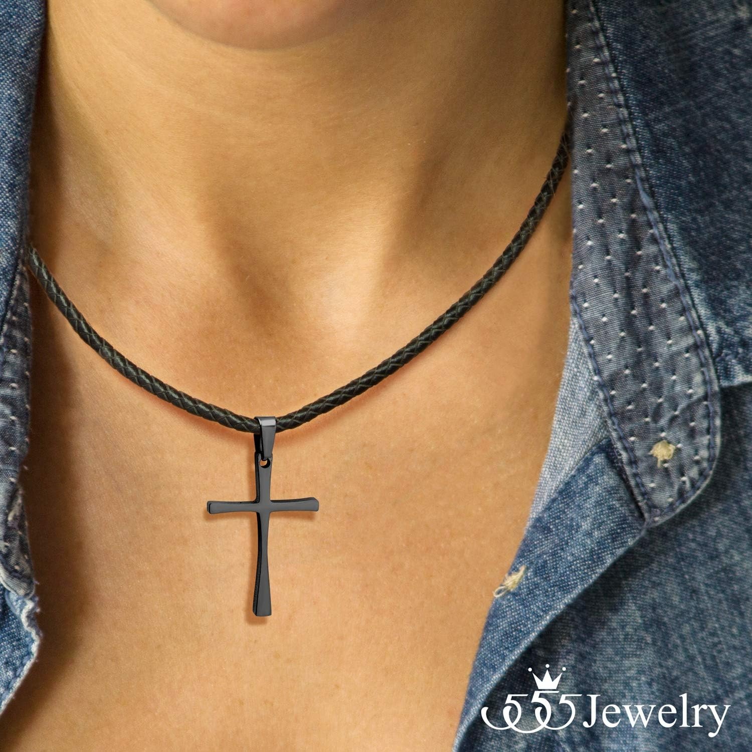 image:image555Jewelry Stainless Steel Cross Braided Rope Cord Necklace For Men Women 1824 InchesBlack Black