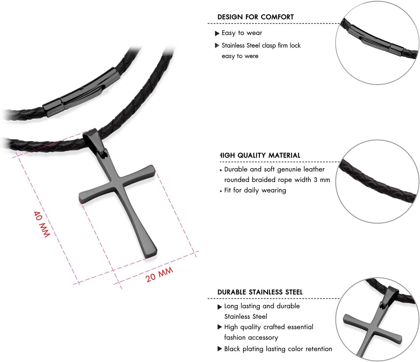 image:image555Jewelry Stainless Steel Cross Braided Rope Cord Necklace For Men Women 1824 InchesBlack Black