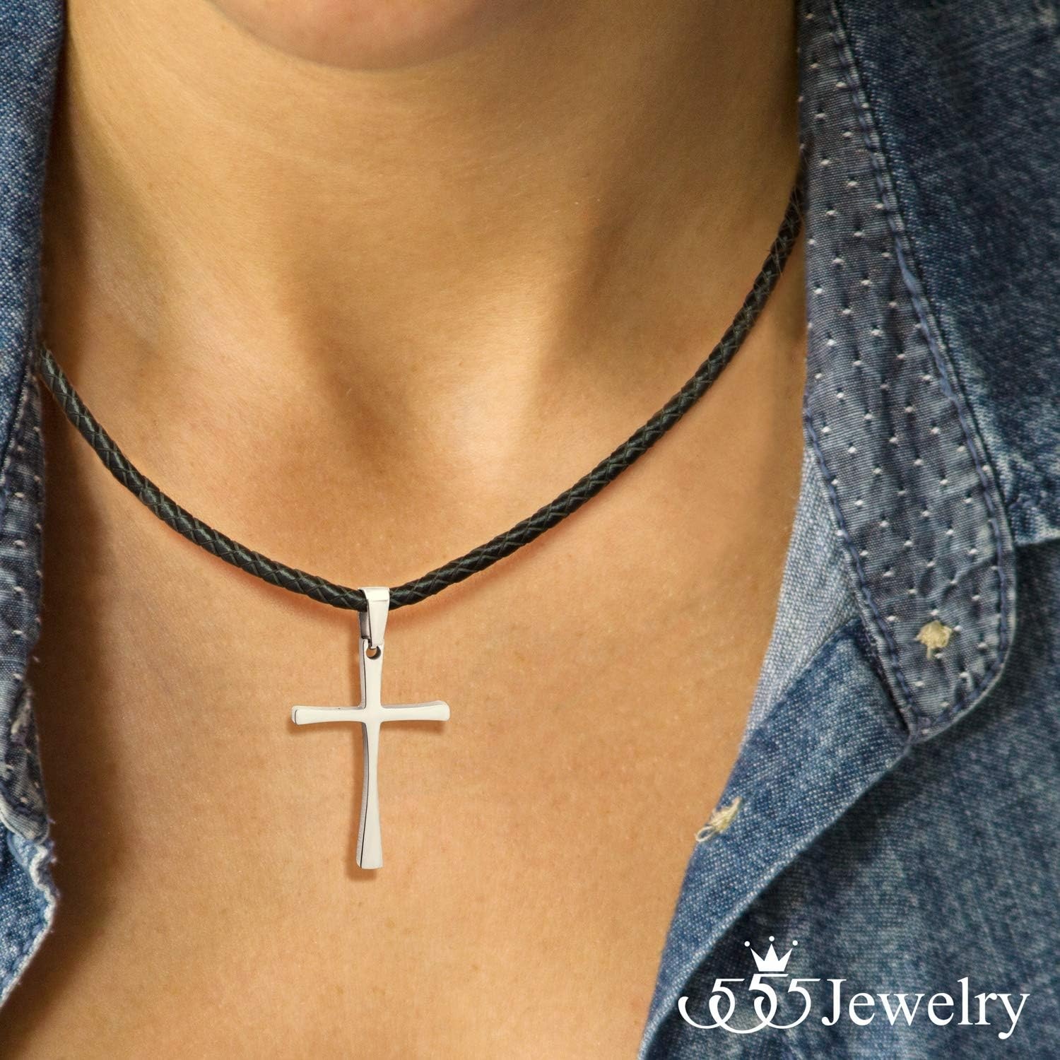 image:image555Jewelry Stainless Steel Cross Braided Rope Cord Necklace For Men Women 1824 InchesSilver Black