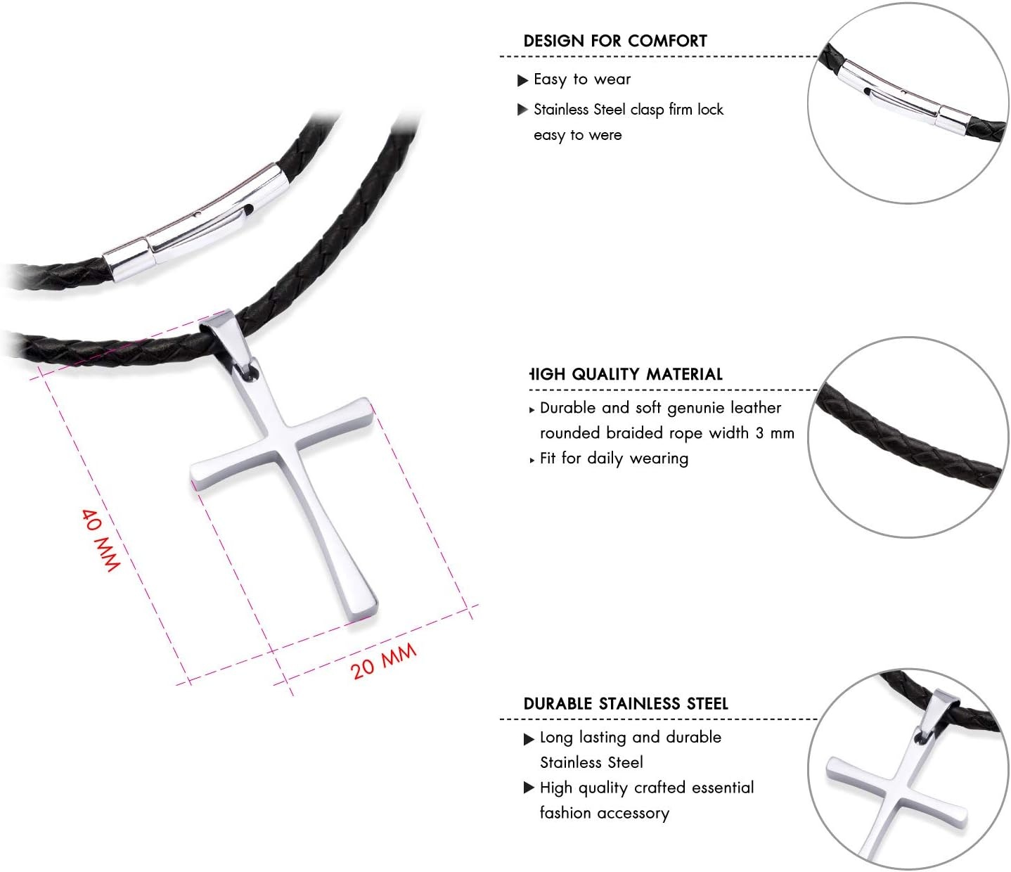 image:image555Jewelry Stainless Steel Cross Braided Rope Cord Necklace For Men Women 1824 InchesSilver Black