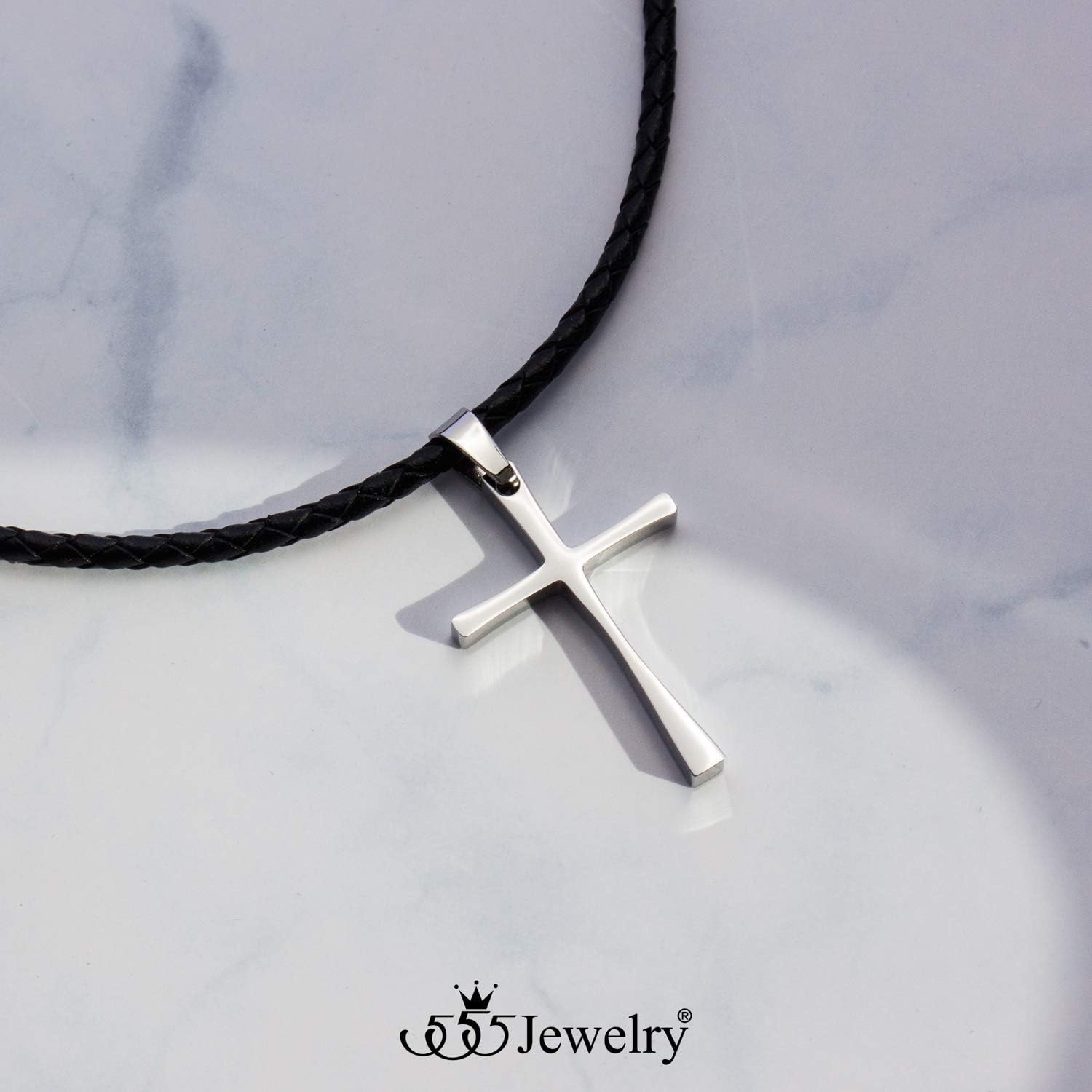 image:image555Jewelry Stainless Steel Cross Braided Rope Cord Necklace For Men Women 1824 InchesSilver Black