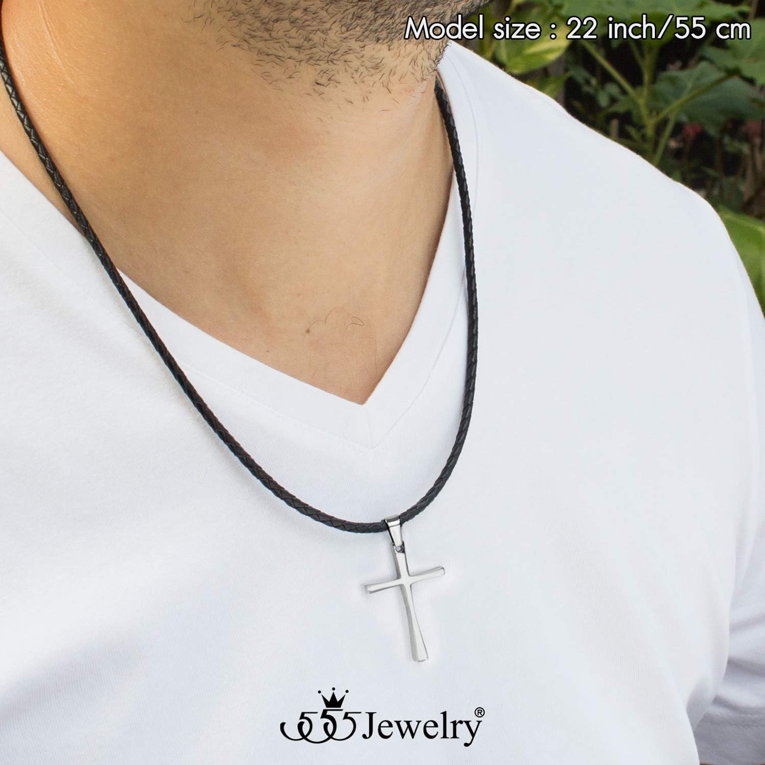 image:image555Jewelry Stainless Steel Cross Braided Rope Cord Necklace For Men Women 1824 InchesSilver Black