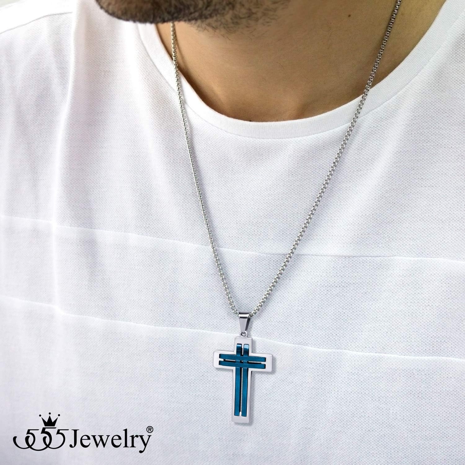image:image555Jewelry Stainless Steel Cross Necklace Pendant for Men and Women 1624 ChainSilver Blue
