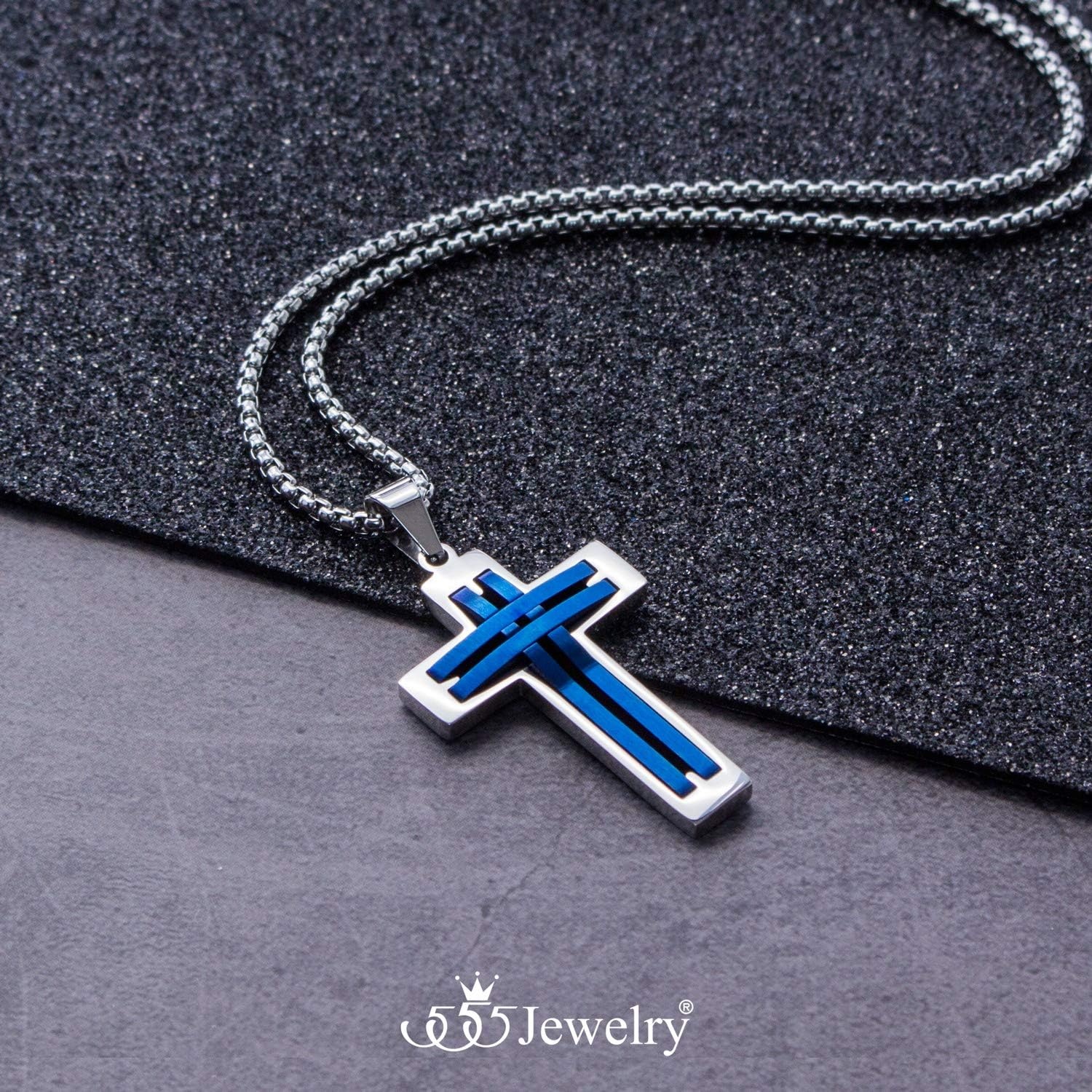 image:image555Jewelry Stainless Steel Cross Necklace Pendant for Men and Women 1624 ChainSilver Blue