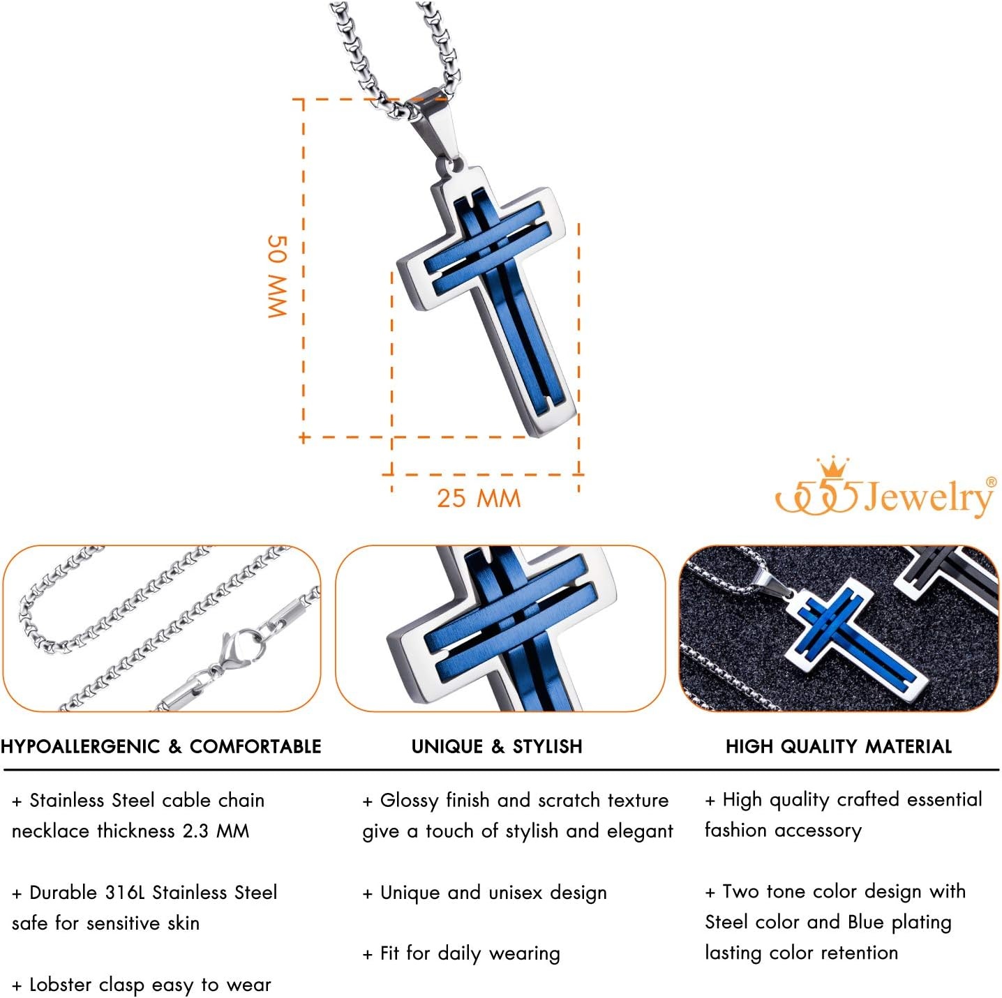 image:image555Jewelry Stainless Steel Cross Necklace Pendant for Men and Women 1624 ChainSilver Blue
