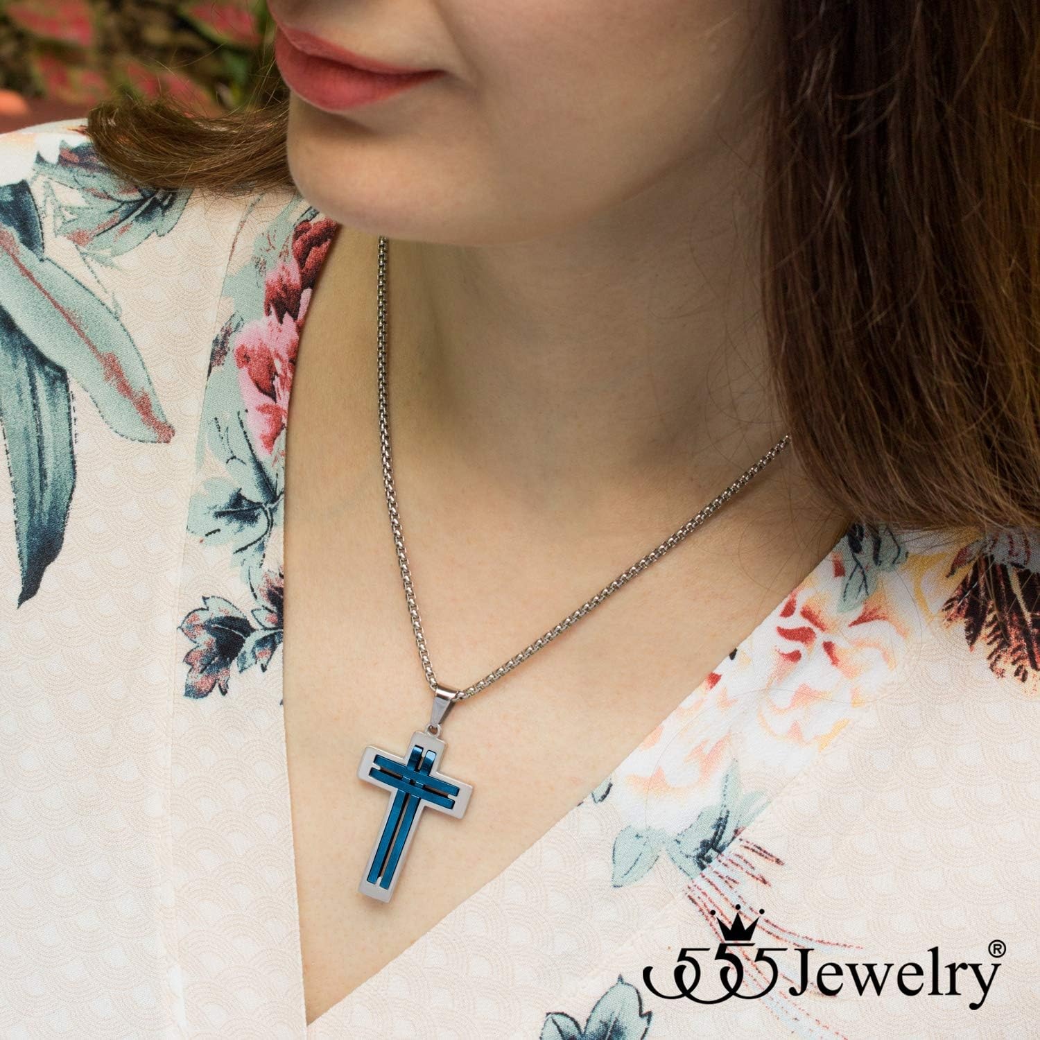 image:image555Jewelry Stainless Steel Cross Necklace Pendant for Men and Women 1624 ChainSilver Blue