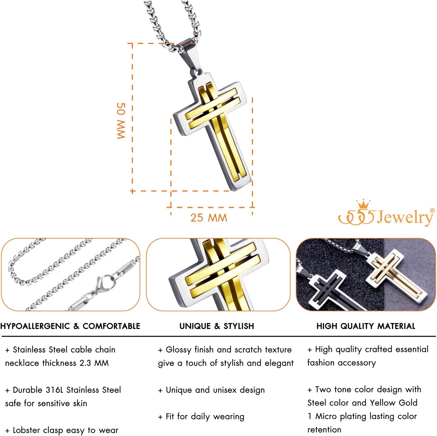 image:image555Jewelry Stainless Steel Cross Necklace Pendant for Men and Women 1624 ChainSilver Gold