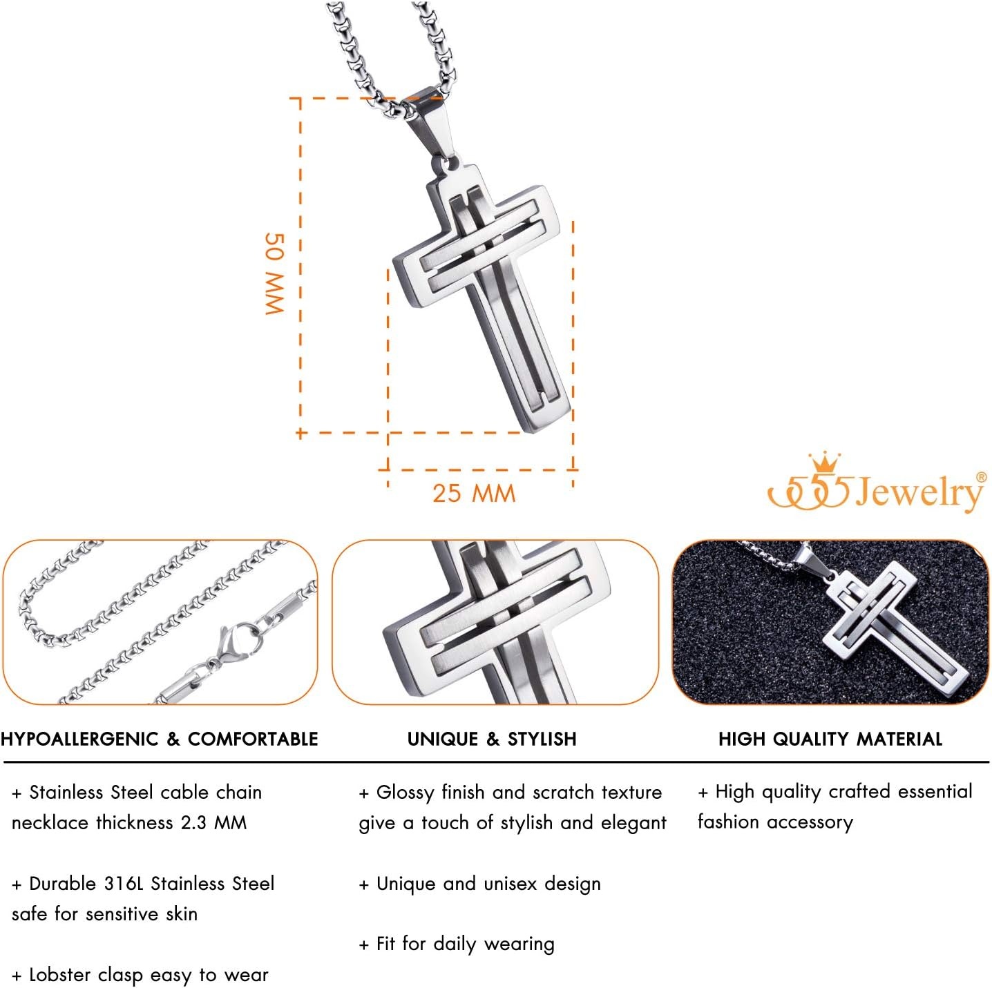 image:image555Jewelry Stainless Steel Cross Necklace Pendant for Men and Women 1624 ChainSilver