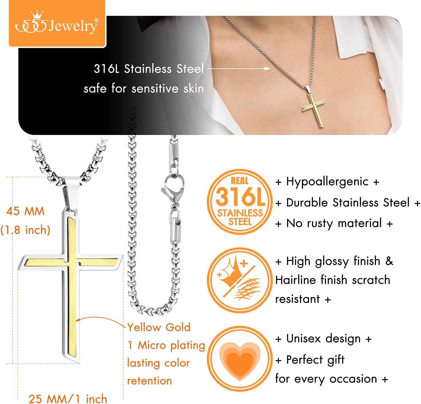 image:image555Jewelry Stainless Steel Cross Necklace Pendant for Men and Women 1626 Box ChainSilver Gold