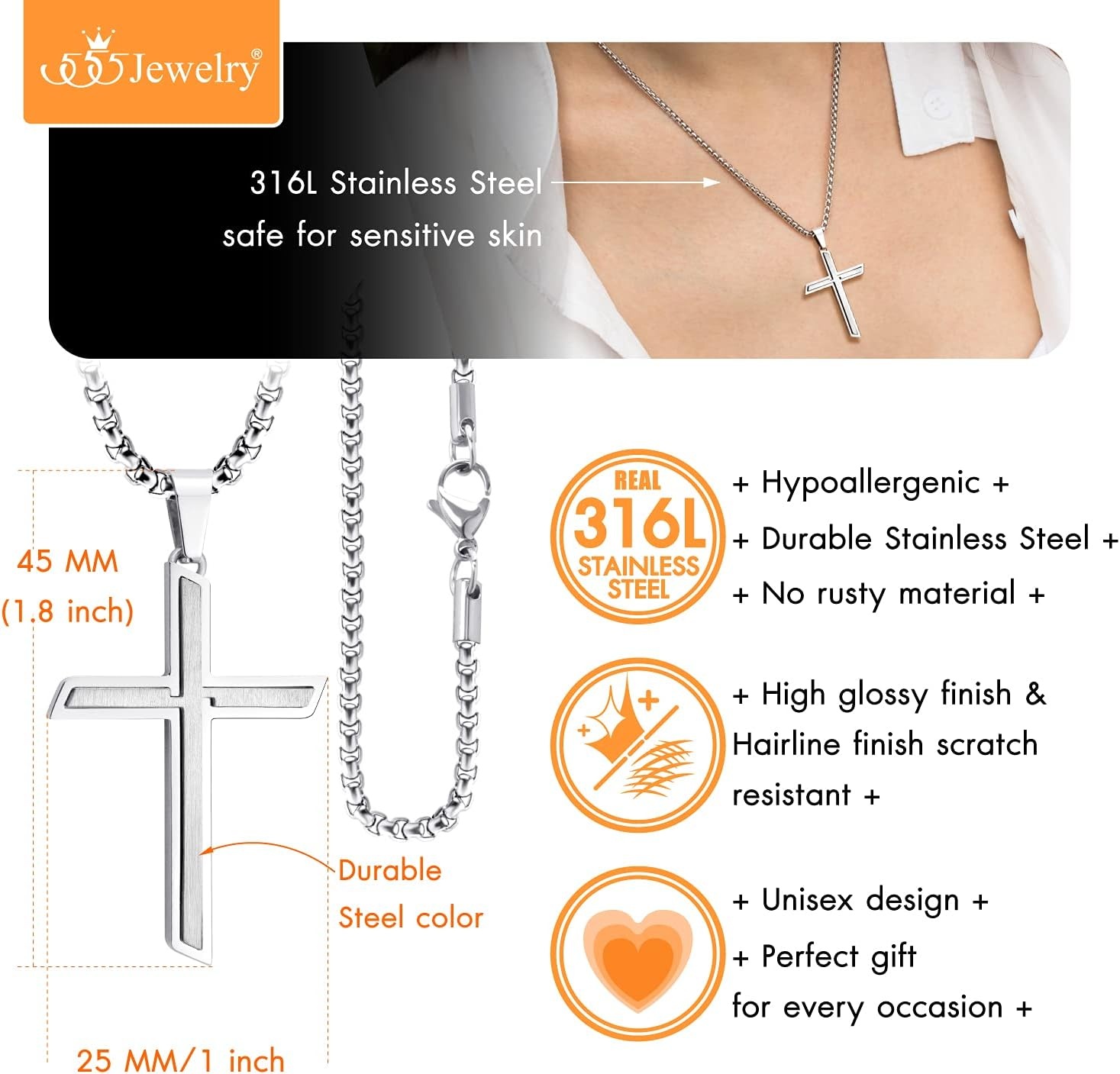 image:image555Jewelry Stainless Steel Cross Necklace Pendant for Men and Women 1626 Box ChainSilver