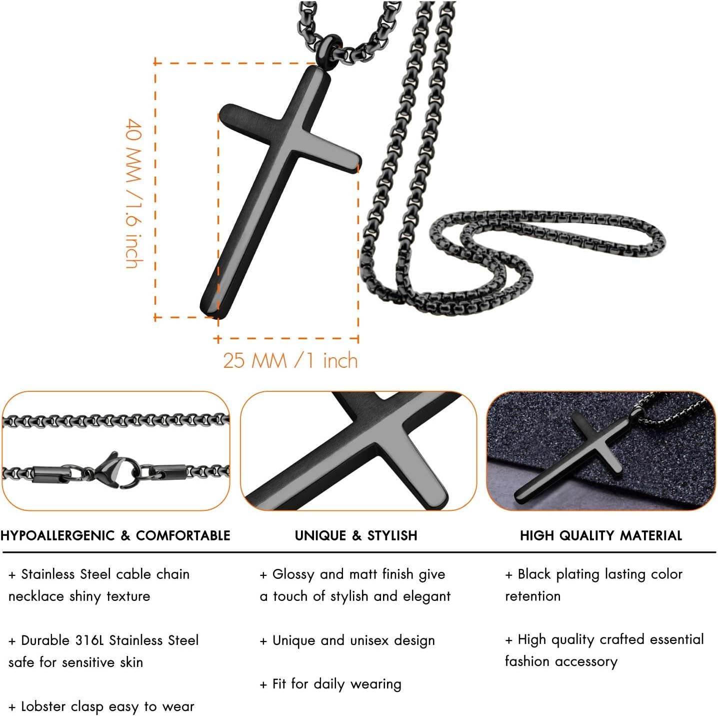 image:image555Jewelry Stainless Steel Cross Necklace for Men 1624 Inch Box ChainBlack