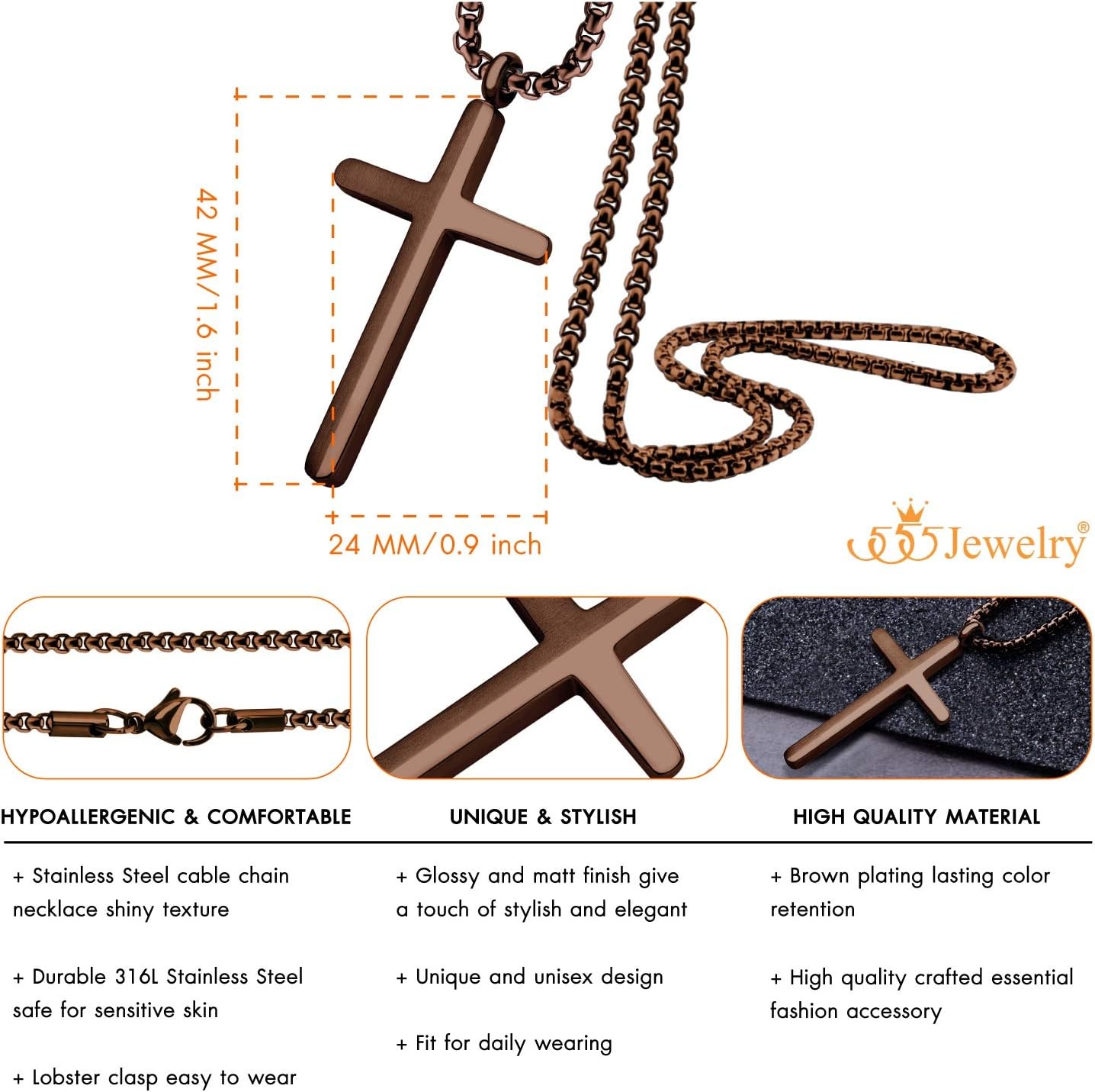 image:image555Jewelry Stainless Steel Cross Necklace for Men 1624 Inch Box ChainCoffee