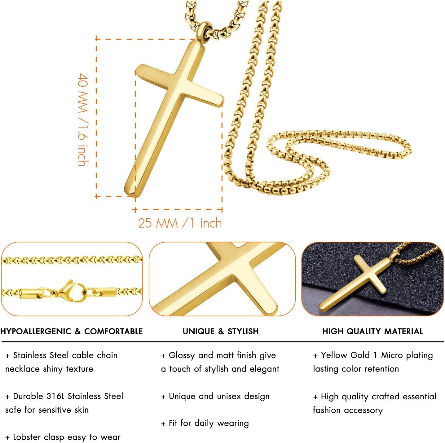image:image555Jewelry Stainless Steel Cross Necklace for Men 1624 Inch Box ChainGold