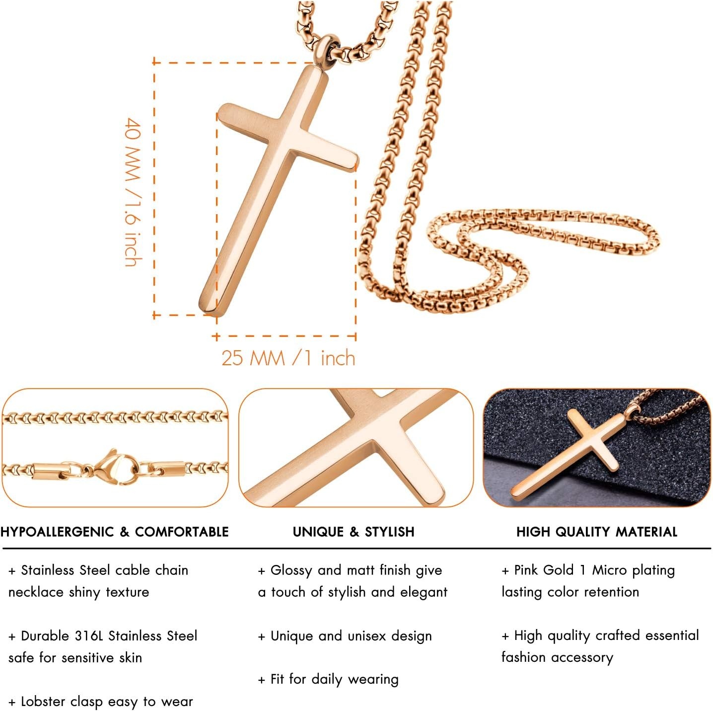 image:image555Jewelry Stainless Steel Cross Necklace for Men 1624 Inch Box ChainRose Gold