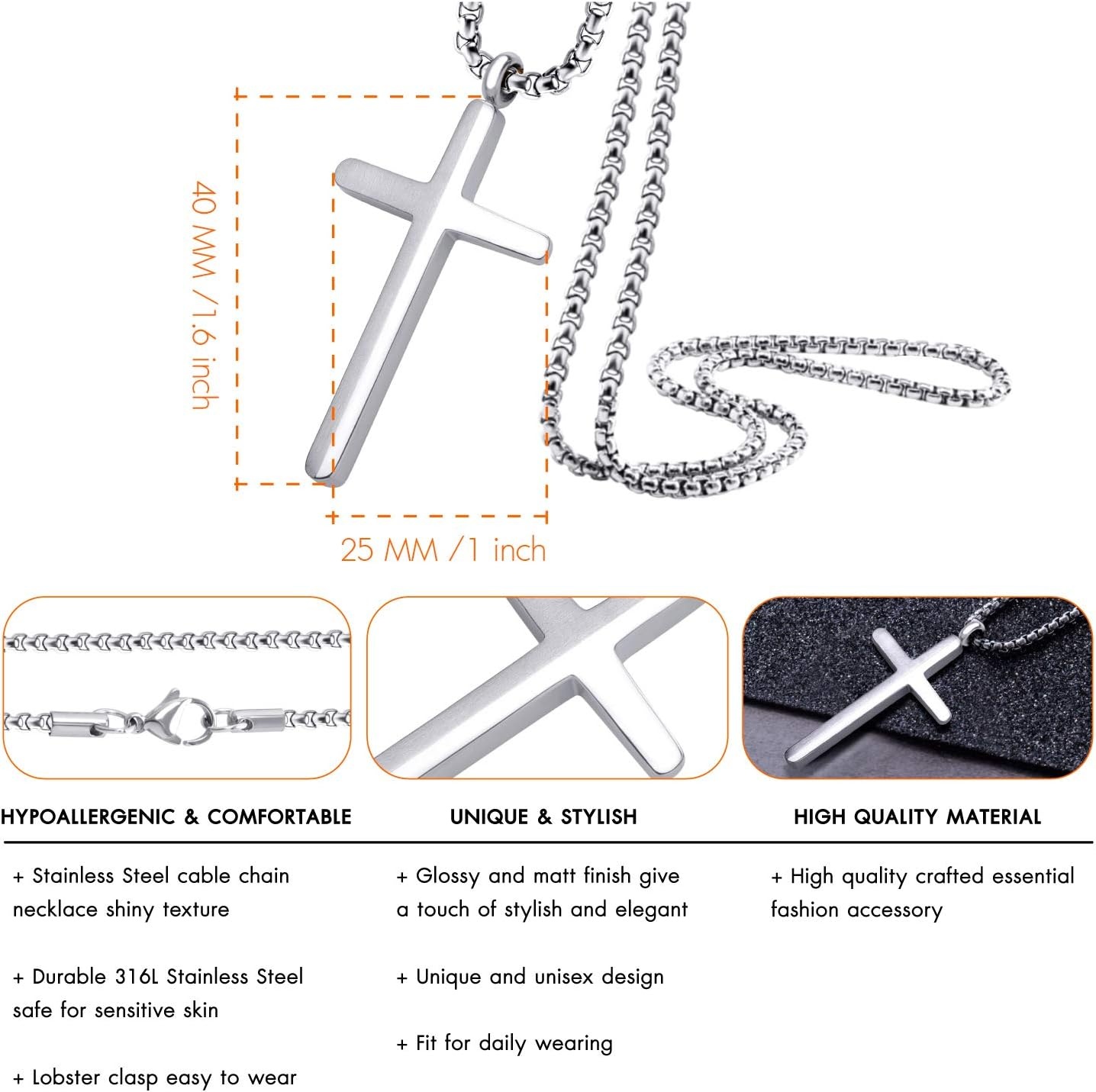 image:image555Jewelry Stainless Steel Cross Necklace for Men 1624 Inch Box ChainSilver