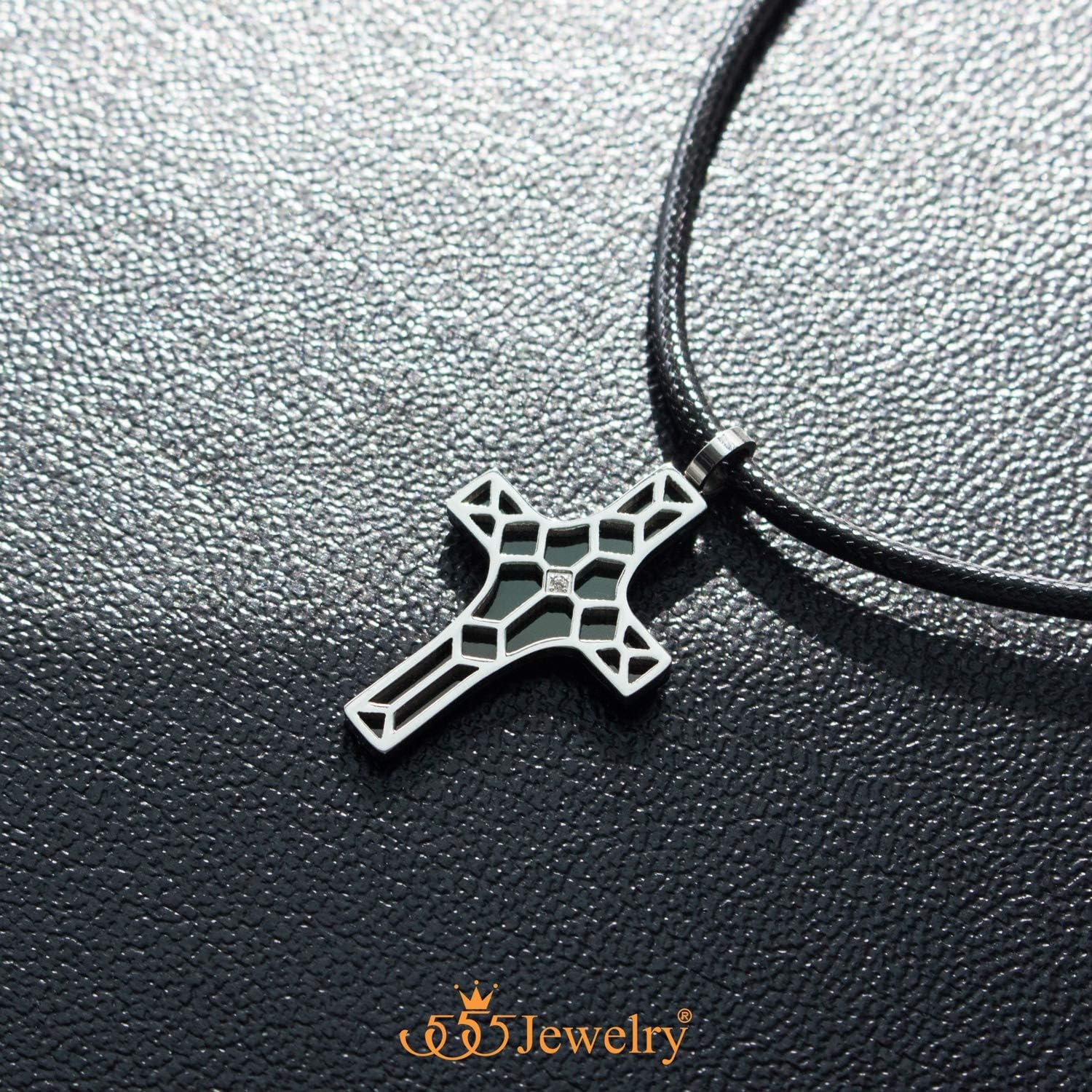 image:image555Jewelry Stainless Steel Cross Pendant CZ Stone Black Rope Cord NecklaceSilver Black