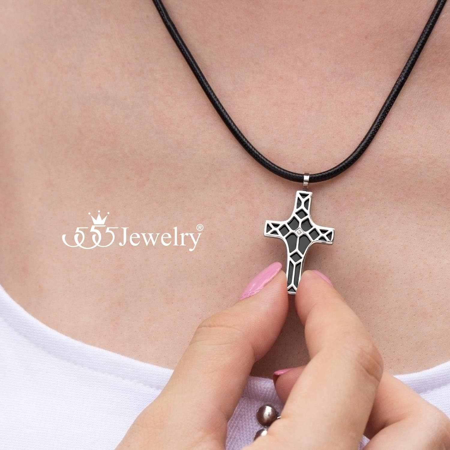 image:image555Jewelry Stainless Steel Cross Pendant CZ Stone Black Rope Cord NecklaceSilver Black