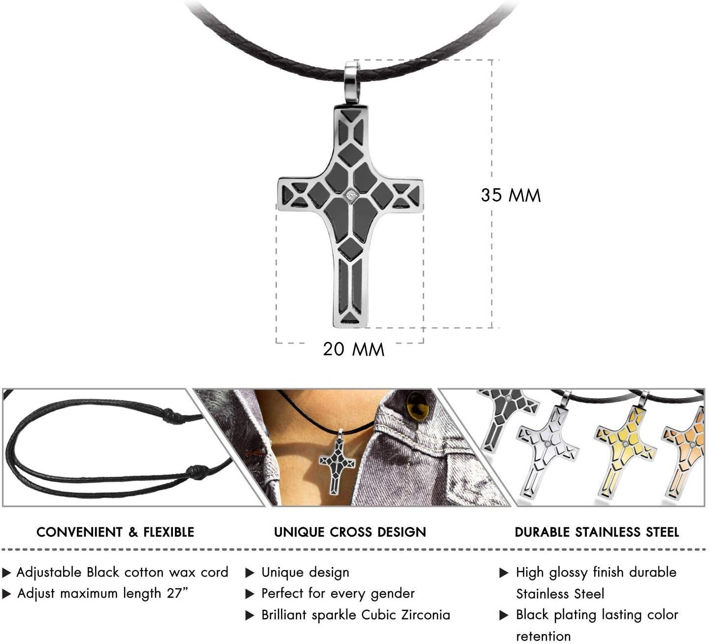 image:image555Jewelry Stainless Steel Cross Pendant CZ Stone Black Rope Cord NecklaceSilver Black
