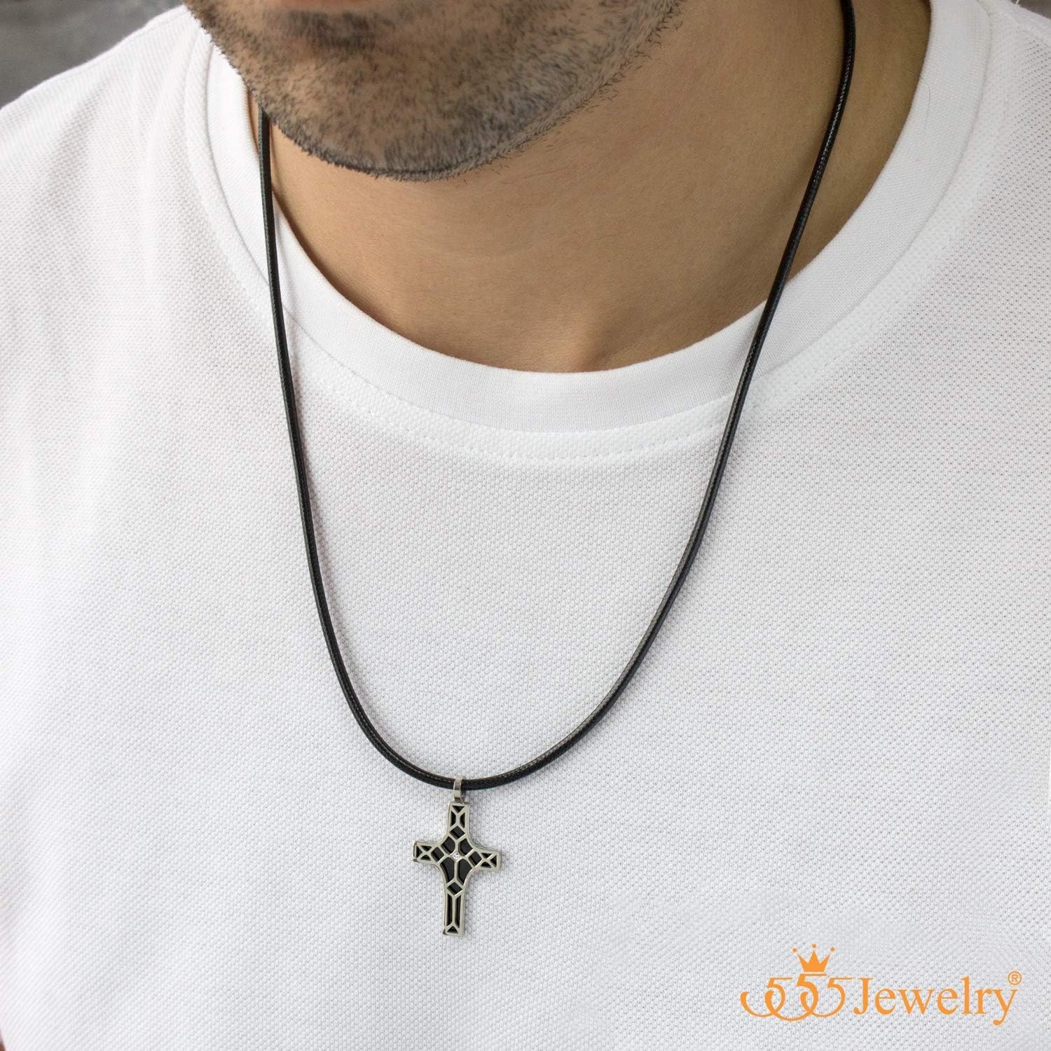 image:image555Jewelry Stainless Steel Cross Pendant CZ Stone Black Rope Cord NecklaceSilver Black